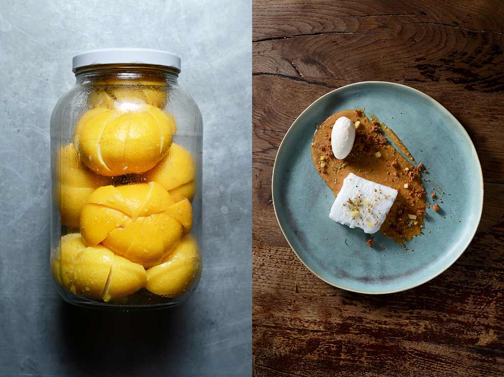 Pralin de pignons de pin, mousse sureau, crème glacée à la levure boulangère, citron lacto-fermenté